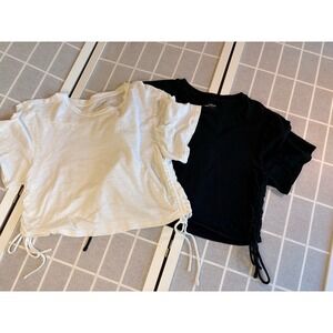 2 Black White Boxy 100% Cotton Drawstring Crop Top Basic Tshirt Capsule Wardrobe